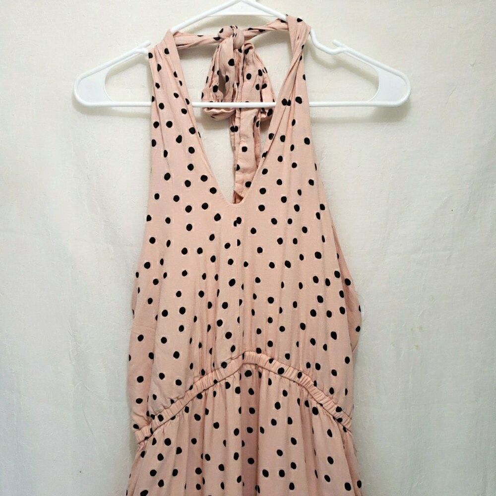 Maurices Blush Pink Black Polka Dot Halter Maxi Dress Medium Smocked Tiered Boho - Picture 2 of 12